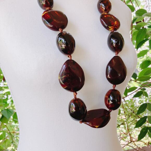 Vintage Italian Glazed Ceramic Chunky Beaded Necklace Brown Boho 1990s Statement - Picture 4 of 15